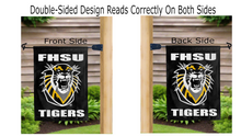 Load image into Gallery viewer, fhsu tigers logo reading correctly on both sides of fort hays state garden flag
