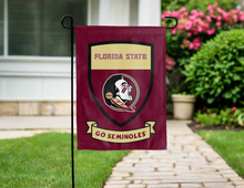 Load image into Gallery viewer, FSU Garden flag with shield and go seminoles logos for yard decor