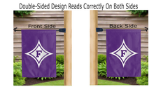 Load image into Gallery viewer, furman diamond f logo reading correctly on both sides of purple garden flag