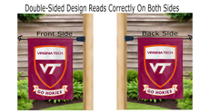 Load image into Gallery viewer, Go Hokies and shield logo reading correctly on both sides of Virginia tech garden flag