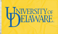 Load image into Gallery viewer, Gold 3x5 foot wide University of Delaware Flag with blue University letters logo and two metal grommets