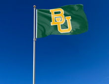 Load image into Gallery viewer, Green 3x5 foot wide Baylor University Flag with BU Logo and two metal grommets attached to flagpole waving in the wind