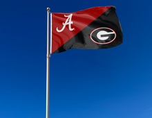 Load image into Gallery viewer, red and black Alabama Georgia House divided flag attached to flagpole waving in the wind