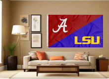 Load image into Gallery viewer, red and purple Alabama LSU house divided flag covering living room wall