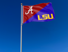 Load image into Gallery viewer, red and purple Alabama LSU house divided flag attached to flagpole waving in the wind