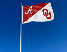 Load image into Gallery viewer, red and white Alabama Oklahoma house divided flag attached to flagpole waving in the wind