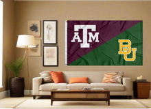 Load image into Gallery viewer, maroon and green house divided Texas A&M Baylor game flag covering living room wall