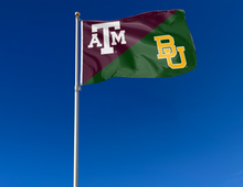 Load image into Gallery viewer, maroon and green house divided Texas A&M Baylor game flag attached to flagpole waving in the wind