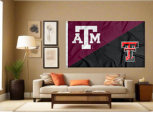 Load image into Gallery viewer, maroon and black Texas A&M Texas Tech House divided flag covering living room wall