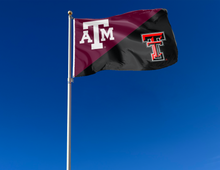 Load image into Gallery viewer, maroon and black Texas A&M Texas Tech House divided flag attached to flagpole waving in the wind