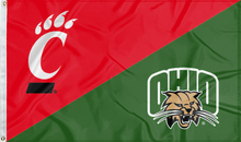 Load image into Gallery viewer, red and green Cincinnati Ohio University house divided flag