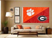 Load image into Gallery viewer, orange and red Clemson Georgia House divided flag covering living room wall