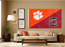 Load image into Gallery viewer, orange and red Clemson South Carolina Game Flag covering living room wall