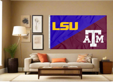 Load image into Gallery viewer, purple and maroon LSU Texas A&M House Divided Flag covering living room wall