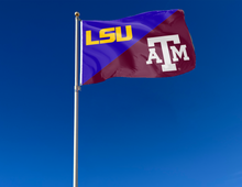 Load image into Gallery viewer, purple and maroon LSU Texas A&M House Divided Flag attached to flagpole waving in the wind