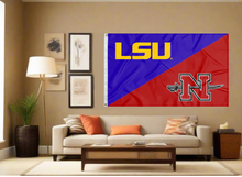 Load image into Gallery viewer, purple and red LSU Nicholls State House divided flag covering living room wall