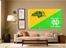 Load image into Gallery viewer, gold and green NDSU North Dakota House Divided Flag covering living room wall