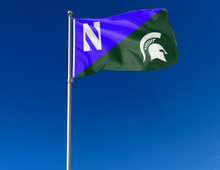 Load image into Gallery viewer, purple and green Northwestern Michigan State House Divided flag with two metal grommets attached to flagpole waving in the wind