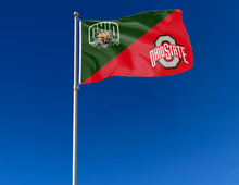 Load image into Gallery viewer, green and red house divided Ohio Ohio State game flag attached to flagpole waving in the wind