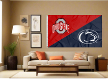 Load image into Gallery viewer, red and blue Ohio State Penn State House Divided flag covering living room wall