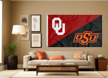 Load image into Gallery viewer, red and black Oklahoma Oklahoma State House Divided Flag covering living room wall