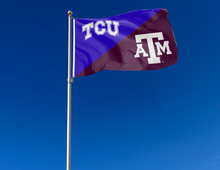 Load image into Gallery viewer, Purple and Maroon TCU Texas A&M house divided flag attached to flagpole waving in the wind