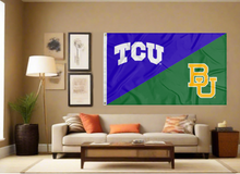Load image into Gallery viewer, purple and green TCU Baylor House Divided flag with two metal grommets covering tan wall of living room