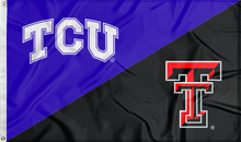 Load image into Gallery viewer, Purple and black TCU Texas Tech House Divided Flag for sports décor