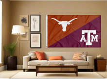 Load image into Gallery viewer, orange and maroon Texas Texas A&M House divided flag covering tan wall of living room