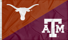 Load image into Gallery viewer, orange and maroon Texas Texas A&M House divided flag for sports décor