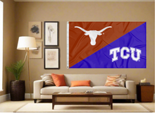 Load image into Gallery viewer, orange and purple Texas TCU house divided flag covering tan wall of living room