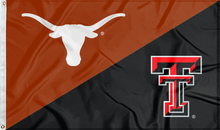 Load image into Gallery viewer, orange and black Texas Texas Tech Rivalry House Divided Flag with two metal grommets for sports décor
