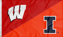 Load image into Gallery viewer, red and orange House Divided flag with Wisconsin Illinois Game logo and two metal grommets