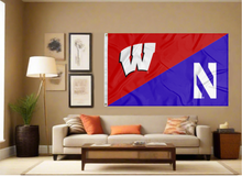 Load image into Gallery viewer, red and purple Wisconsin Northwestern house divided flag with two metal grommets covering tan wall of living room