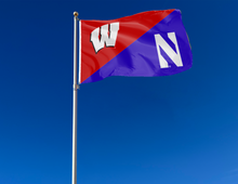 Load image into Gallery viewer, red and purple Wisconsin Northwestern house divided flag with two metal grommets attached to flagpole waving in the wind