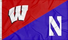 Load image into Gallery viewer, red and purple Wisconsin Northwestern house divided flag with two metal grommets for sports décor