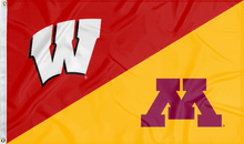 Load image into Gallery viewer, red and gold Wisconsin Minnesota House Divided Flag with two metal grommets for sports décor