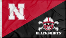 Load image into Gallery viewer, 3x5 foot wide red and black University of Nebraska House Divided Flag with two metal grommets