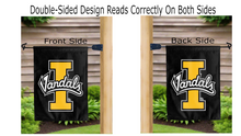 Load image into Gallery viewer, i vandals logo reading correctly on both sides of university of idaho garden flag