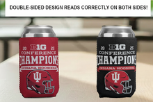 Load image into Gallery viewer, indiana football big ten champion 2025 logo reading correctly on both sides of red and black double sided can cooler