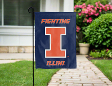 Load image into Gallery viewer, illinois fighting illini garden flag hung outside a driveway for yard decor
