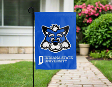 Load image into Gallery viewer, indiana state university double sided garden flag with sycamore sammy logo