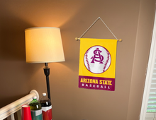 Load image into Gallery viewer, Arizona State Baseball Garden Flag hung inside on a banner pole for man cave decor