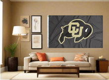Load image into Gallery viewer, Black 3x5 feet wide University of Colorado Buffaloes Flag with Two metal grommets covering the tan wall inside of a well organized room with couch pillows and light