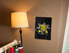 Load image into Gallery viewer, black wichita state university garden flag hung inside for man cave decor