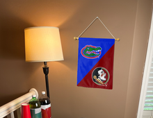 Load image into Gallery viewer, indoor display of Florida FSU house divided garden flag for man cave decor