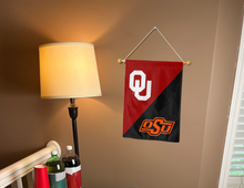 Load image into Gallery viewer, Oklahoma OSU house divided garden flag hung inside for man cave decor