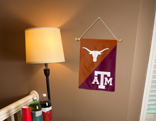 Load image into Gallery viewer, Texas Texas A&M house divided garden flag hung inside for college dorm decor