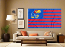 Load image into Gallery viewer, USA-Flag style University of Kansas flag hung inside for man cave decor