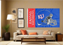 Load image into Gallery viewer, University of Kansas Football Flag hung inside for man cave decor